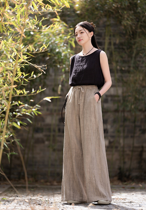 紮染め苎麻キュロット 砂洗ワイドパンツ #6196麥色 11枚目の画像