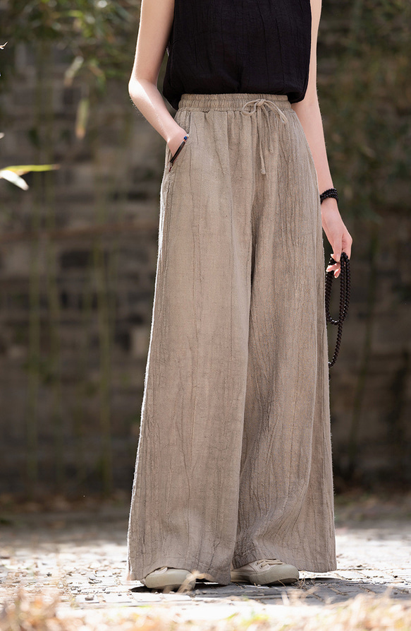 紮染め苎麻キュロット 砂洗ワイドパンツ #6196麥色 2枚目の画像