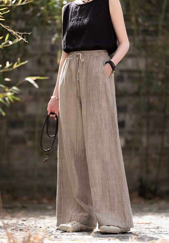 紮染め苎麻キュロット 砂洗ワイドパンツ #6196麥色 7枚目の画像