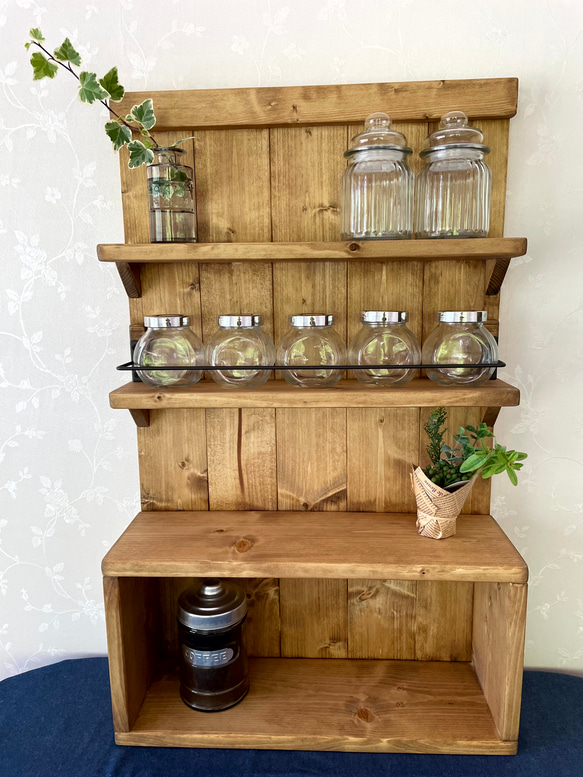 ウッドシェルフ　オープンラック　スパイスラック　飾り棚　カントリー カフェ風スパイスラック（4段）】アンティーク キッチンラック 木製