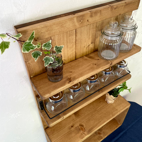 カフェ風スパイスラック（4段）】アンティーク キッチンラック 木製