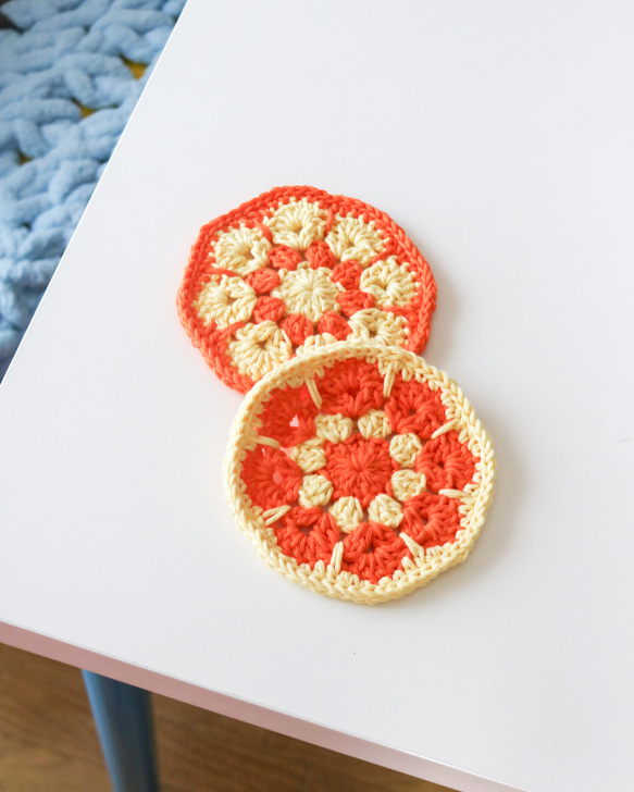 cotton/オレンジジュースのコースター 2枚セット/ クロシェ 編み物