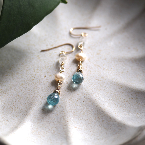 天然ブルージルコンピアス 14kgf BlueZircon ピアス（フック・チェーン 