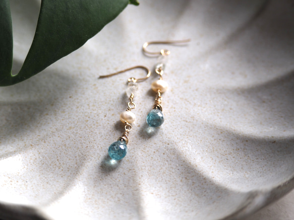 天然ブルージルコンピアス 14kgf BlueZircon ピアス（フック・チェーン 