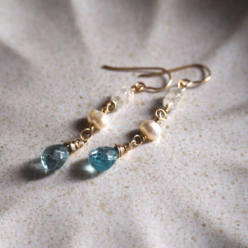 天然ブルージルコンピアス 14kgf BlueZircon ピアス（フック・チェーン 