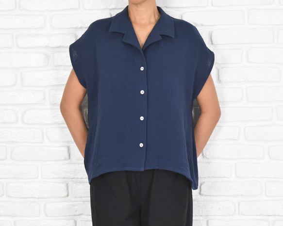 大人ネイビー！シンプルなコットンダブルガーゼシャツ 紺 開襟シャツ