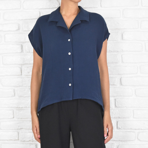 大人ネイビー！シンプルなコットンダブルガーゼシャツ 紺 開襟シャツ