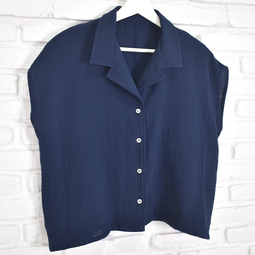 大人ネイビー！シンプルなコットンダブルガーゼシャツ 紺 開襟シャツ