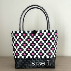 新品 Black＆White/ブラック&ホワイト 立体花柄 トートバッグ ピンク プラカゴ 立体花柄 ピンクx黒 バスケット Lサイズ プラかご 軽量