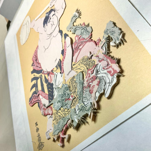 平面切り貼り絵「浮世絵模写/大童山の鬼退治/写楽」原画のみ 縁起物