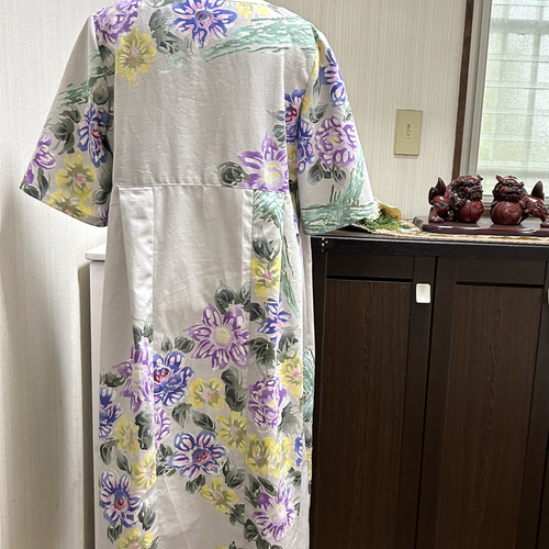 木綿 ハイウエスト ワンピース 半袖 花柄 リボンベルト付き 浴衣 