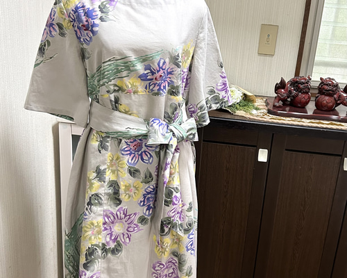 や浴衣リメイク　棉　ワンピース　花柄リボン付き　浴衣 a77f65c2472e710709c287d888df0a