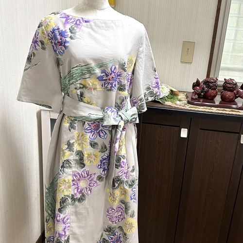 木綿 ハイウエスト ワンピース 半袖 花柄 リボンベルト付き 浴衣 