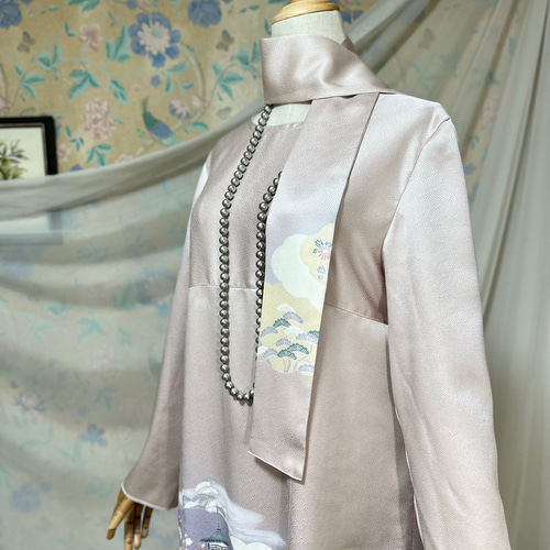 ケイママ様ご予約品 着物リメイク 藤色 四季の花 色留袖ドレス 長袖