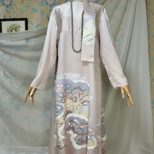 ケイママ様ご予約品 着物リメイク 藤色 四季の花 色留袖ドレス 長袖