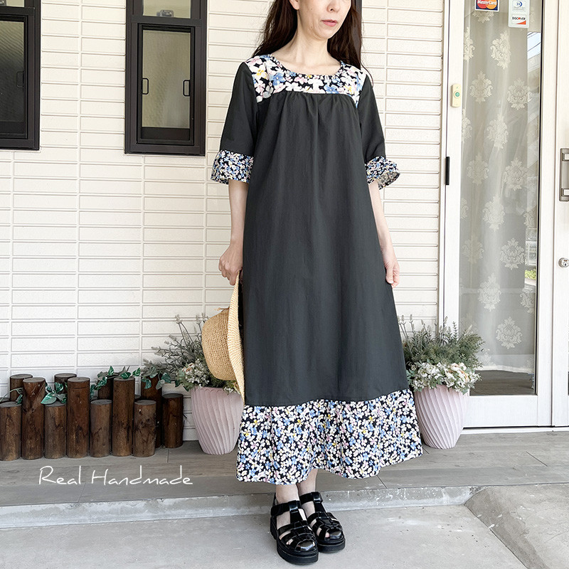 [予約販売] ブラック水彩画フラワーティアードワンピース