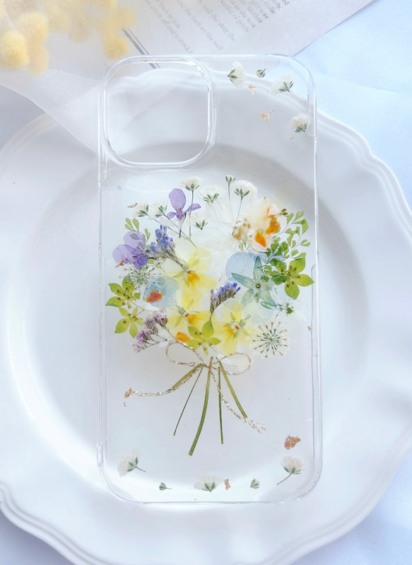 全機種対応 ボタニカル風ブーケ 押し花ケース iPhoneケース・カバー