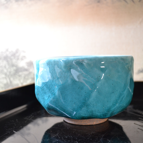 新着！】抹茶茶碗 面取り（ターコイズブルー）ダイヤ☆萩焼 茶碗・めし