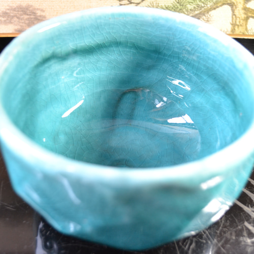 新着！】抹茶茶碗 面取り（ターコイズブルー）ダイヤ☆萩焼 茶碗・めし