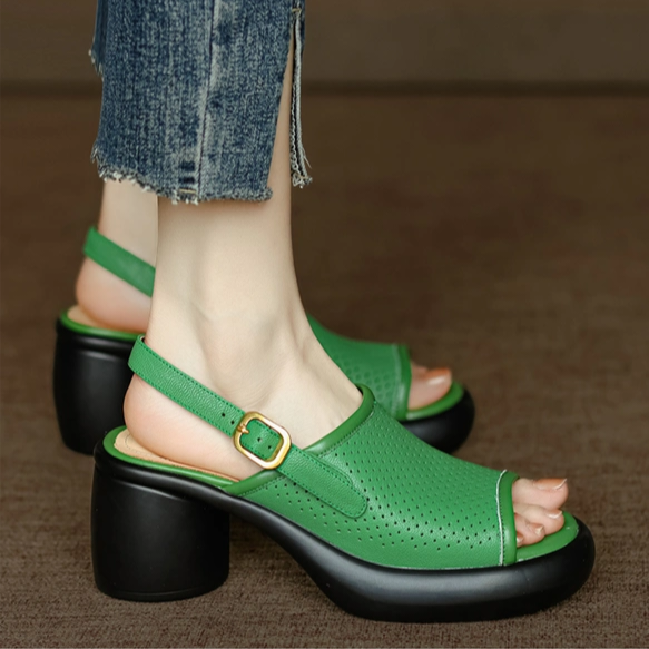 GUCCI サンダル ミュール オープントゥ レザー チャンキーヒール 美品