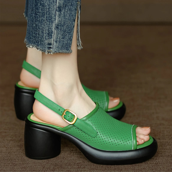 ライトグリーン オープントゥサンダル 8cmヒール サンダル レディース ミュール チャンキーヒール オープントゥ つっ