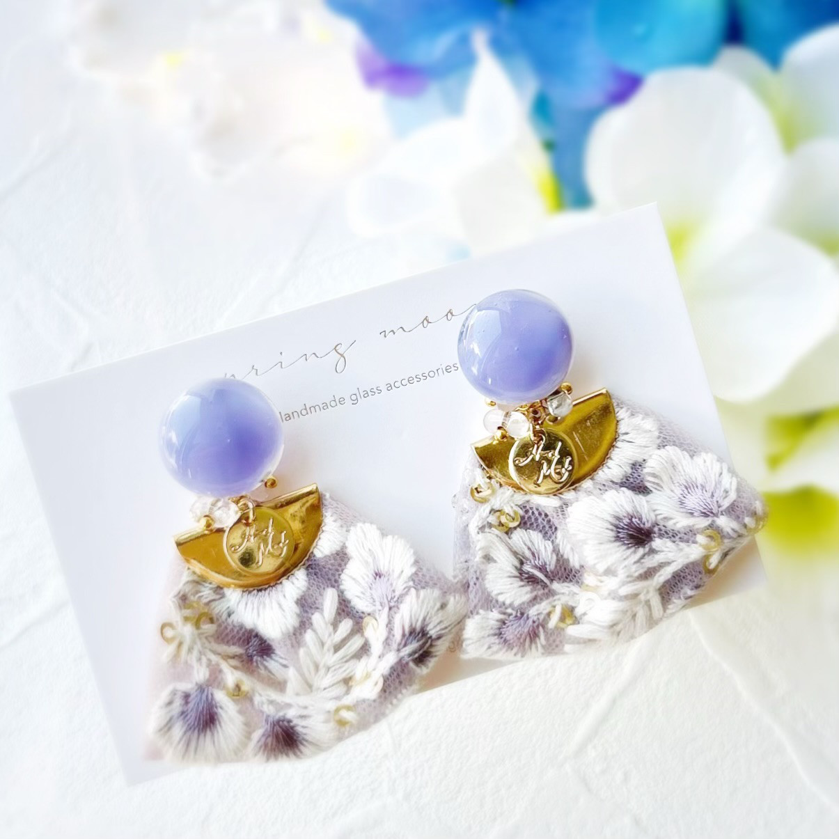 2wayインド刺繍タッセルのガラス耳飾り-紫陽花シリーズ- "pastel purple"