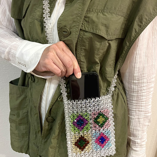クロシェ編み風ビーズスマホショルダーバッグ ショルダーバッグ pêche