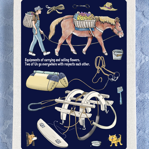 馬車と騎士の木製アートパネル アートパネル 対州馬と馬装 33cmx24cm 馬 少女 イラスト 荷鞍 馬具