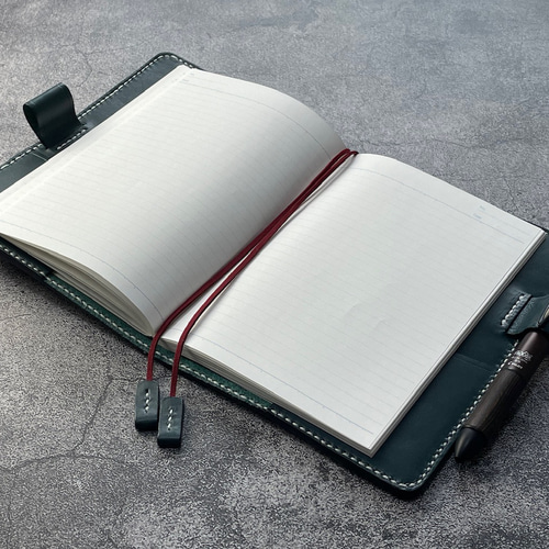 ノートスリーブ ブラック×ネイビー 手縫】CampusB6ノート40〜80枚用ブルーグリーン色本革カバー