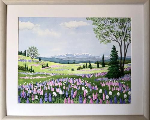 透明水彩画 原画 「シロツメクサの咲くフィールド」額縁付 4F