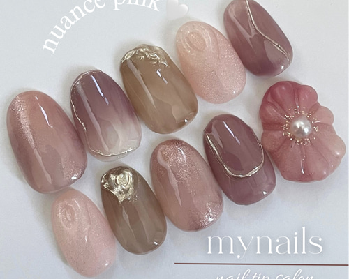 【匿名発送】ネイルチップ ニュアンス　ちゅるん　リボン　推し　ピンクno.76 ニュアンスネイルチップ ピンク ちゅるん ゴールド ホワイト 大人