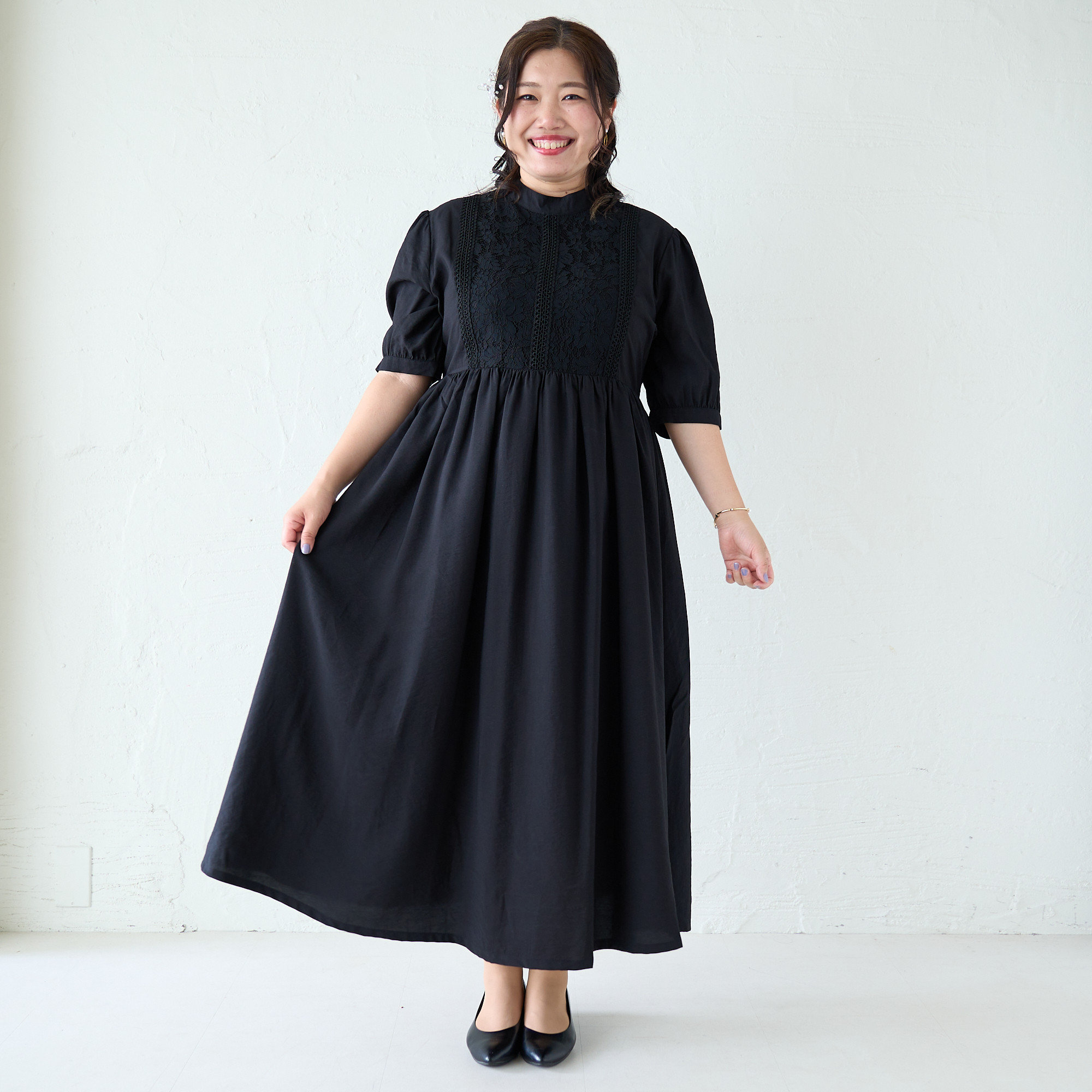 半袖 変形 異素材 ワンピース ミックス プリーツ マキシ丈 ブラック モード