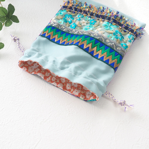 限定1点】インド刺繍リボンの巾着ポーチ（インドリボン/巾着