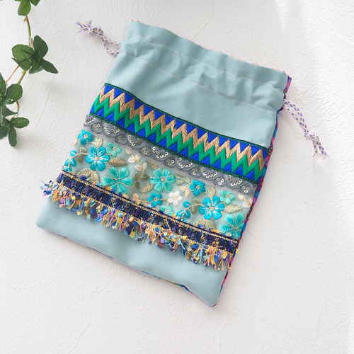 限定1点】インド刺繍リボンの巾着ポーチ（インドリボン/巾着