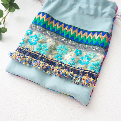 インド刺繍リボン　巾着ポーチ 限定1点】インド刺繍リボンの巾着ポーチ（インドリボン/巾着