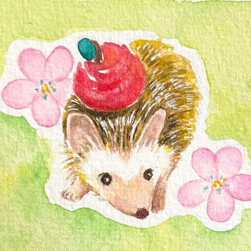 ミニイラスト［りんご帽子のハリネズミ］手描き 水彩 額入り イラスト