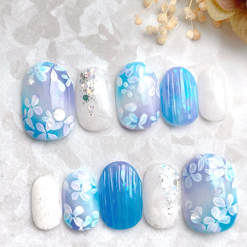 ネイルチップ紫陽花梅雨3Dてるてる坊主ニュアンスオーロラ985 ネイルチップ紫陽花梅雨3Dてるてる坊主ニュアンスオーロラ985