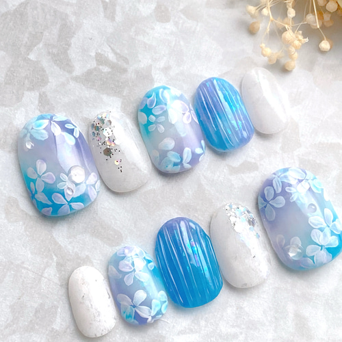 幻想☆紫陽花ネイル バカラ つけ爪 梅雨 ニュアンス 雫 水滴