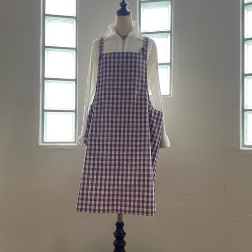 S ◇紫×ナチュラル ギンガムチェック 麻55/綿45 エプロン 仕事