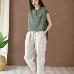 亞麻7分丈ロングパンツ コットン製テーパードパンツ #K-9 3枚目の画像