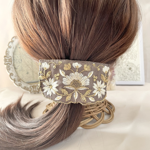 緩まない最強ヘアゴム！！インド刺繍リボン ヘアゴム ワイヤー
