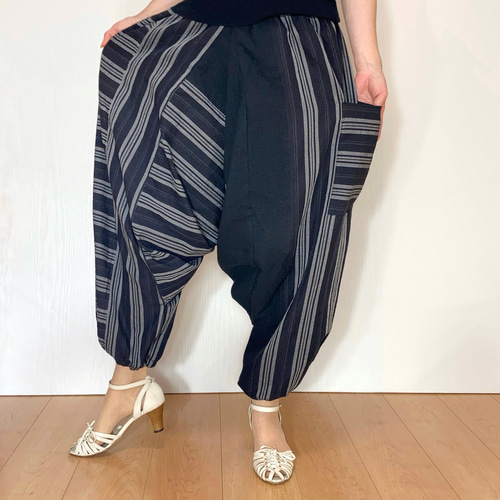 受注作品＊播州織ブラックストライプのサルエルパンツby花織［Y2441
