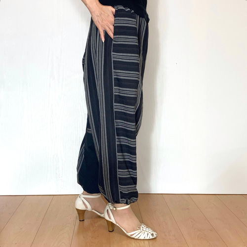 受注作品＊播州織ブラックストライプのサルエルパンツby花織［Y2441