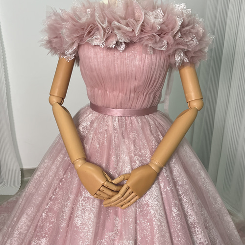 送料無料！カラードレス ピンク キラキラチュール オフショル 可愛い A
