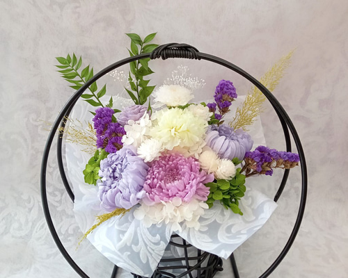 仏花 ＊ 清楚な白紫色 プリザーブドフラワー お供え花 仏壇 仏花プリザ