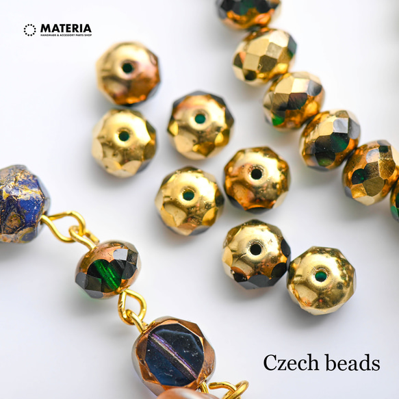 チェコガラスビーズ 多面ロンデル エメラルド+ブロンズ＆ゴールド 6個  