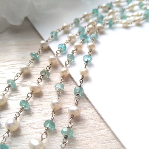 淡水パール 高品質 アパタイト ロングチェーンネックレス・天然石  