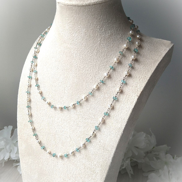 淡水パール 高品質 アパタイト ロングチェーンネックレス・天然石  