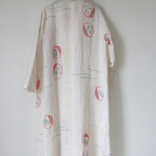 身幅52《小千谷ちぢみワンピース》夏着物リメイク 着物リメイク 丸模様小千谷縮みシャツワンピース ワンピース