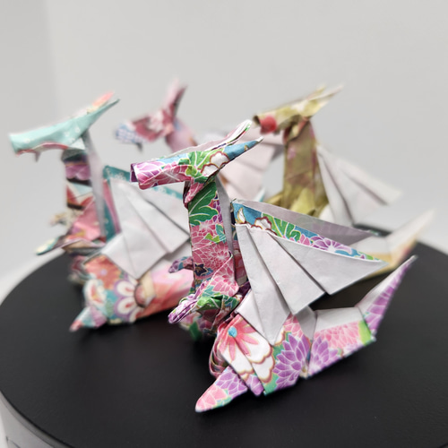 ドラゴン 折り紙 和柄 紫の花 一体 立体・オブジェ dragoon